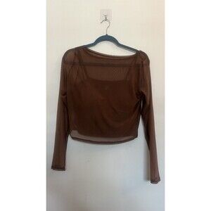 Going Out Top Brown Sheer Mesh Crop Top Long Sleeve Built-In Cami 3XL